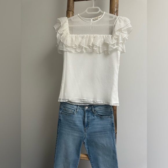 MAJE white color sheer dotted short sleeve lined ruffle silk in 2- like NEW - Picture 3 of 8